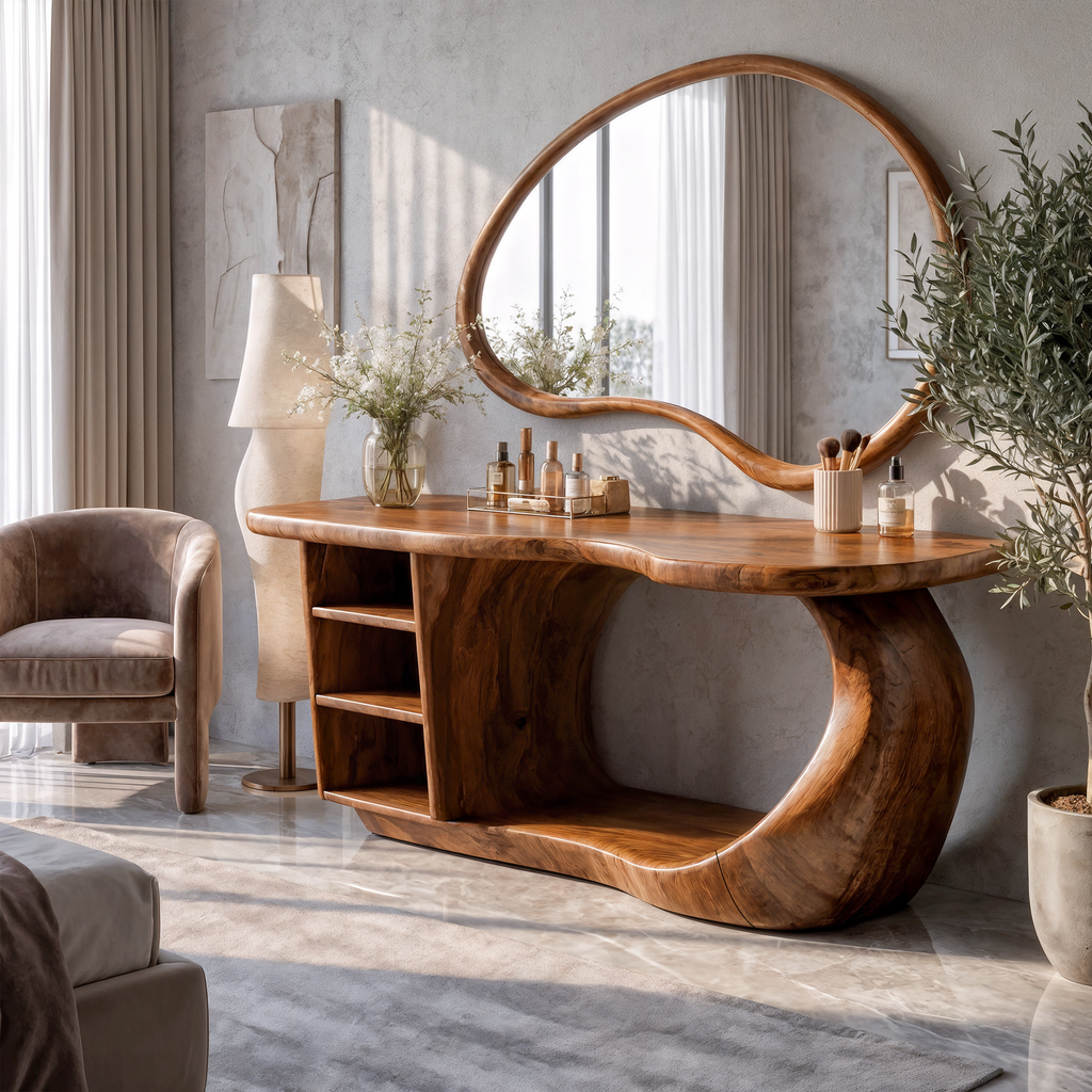 Natural Dressing Table With Sculptural Open Drawer Design For Bedroom And Dressing Room