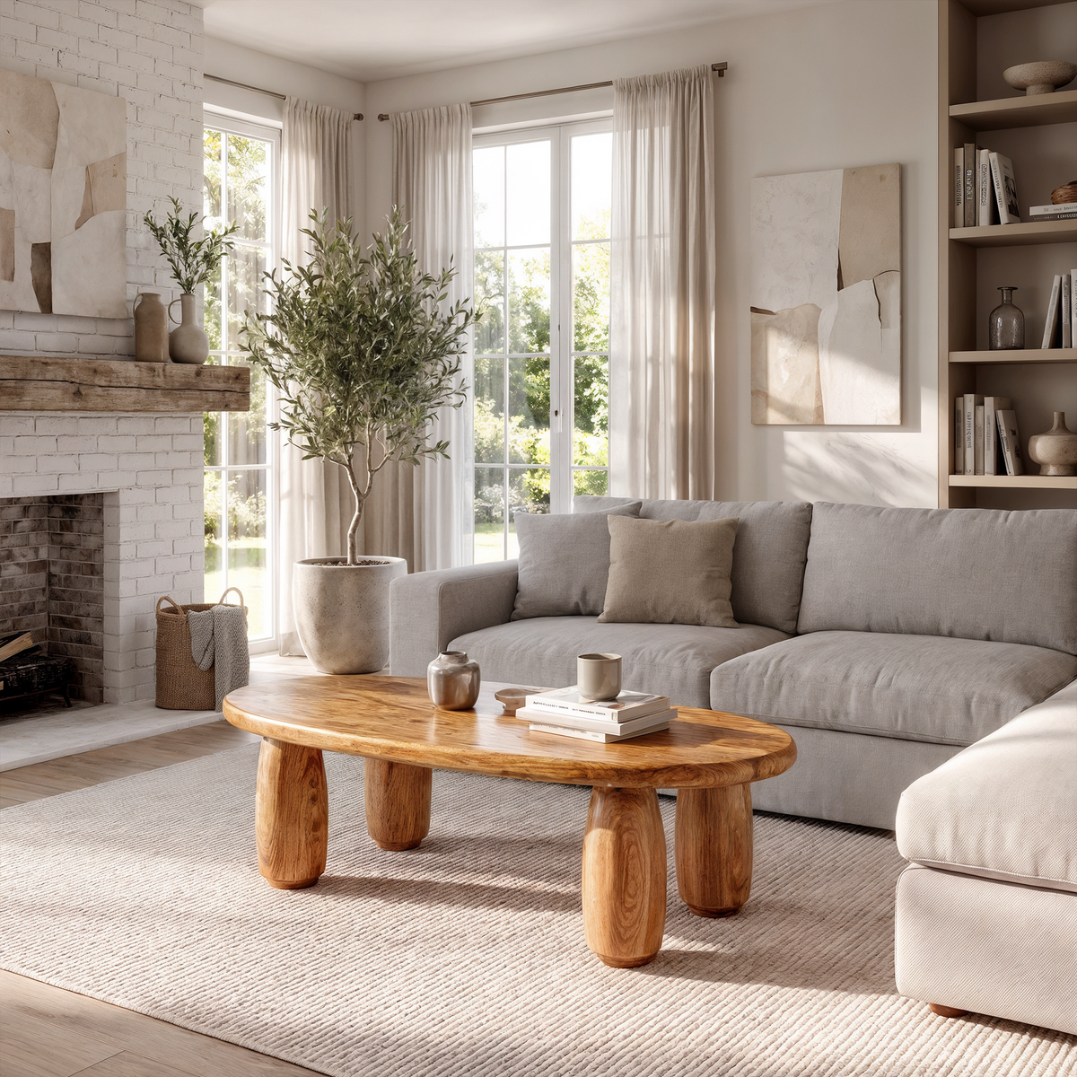 Natural Coffee Table With Organic Rounded Base For Living Room And Family Room