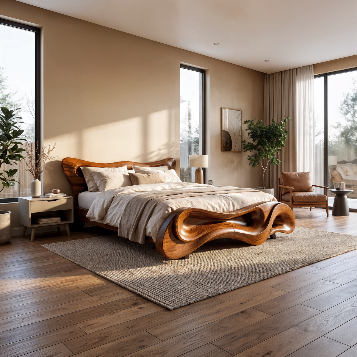 Modern Bed Frame With Wave Inspired Silhouette For Bedroom