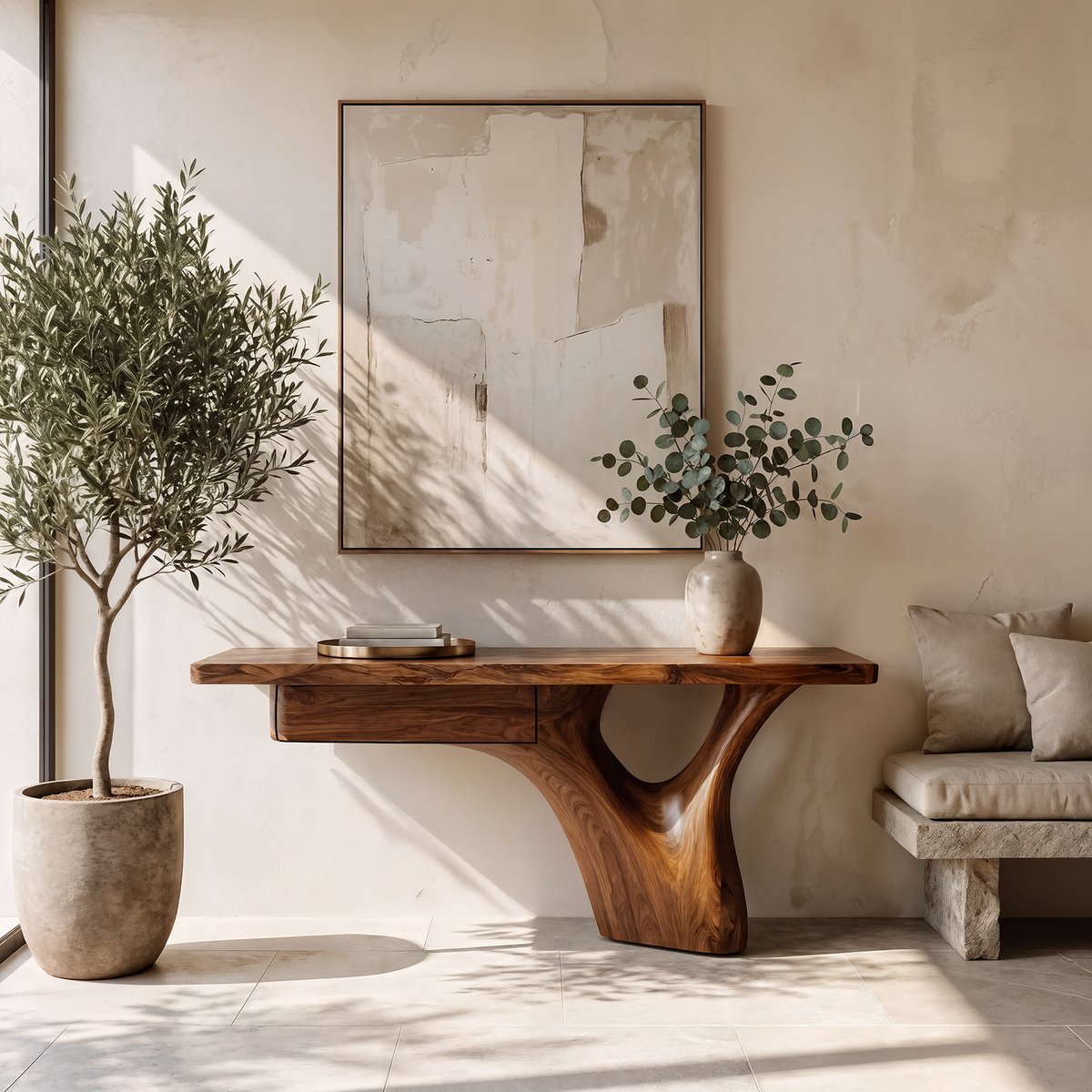 Organic Sculptural Console Table Tree Trunk Base Design For Living Room Entryway