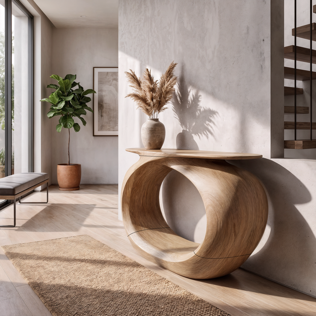 Rustic Sculptural Console Table Rounded Hollow Base For Entryway Foyer