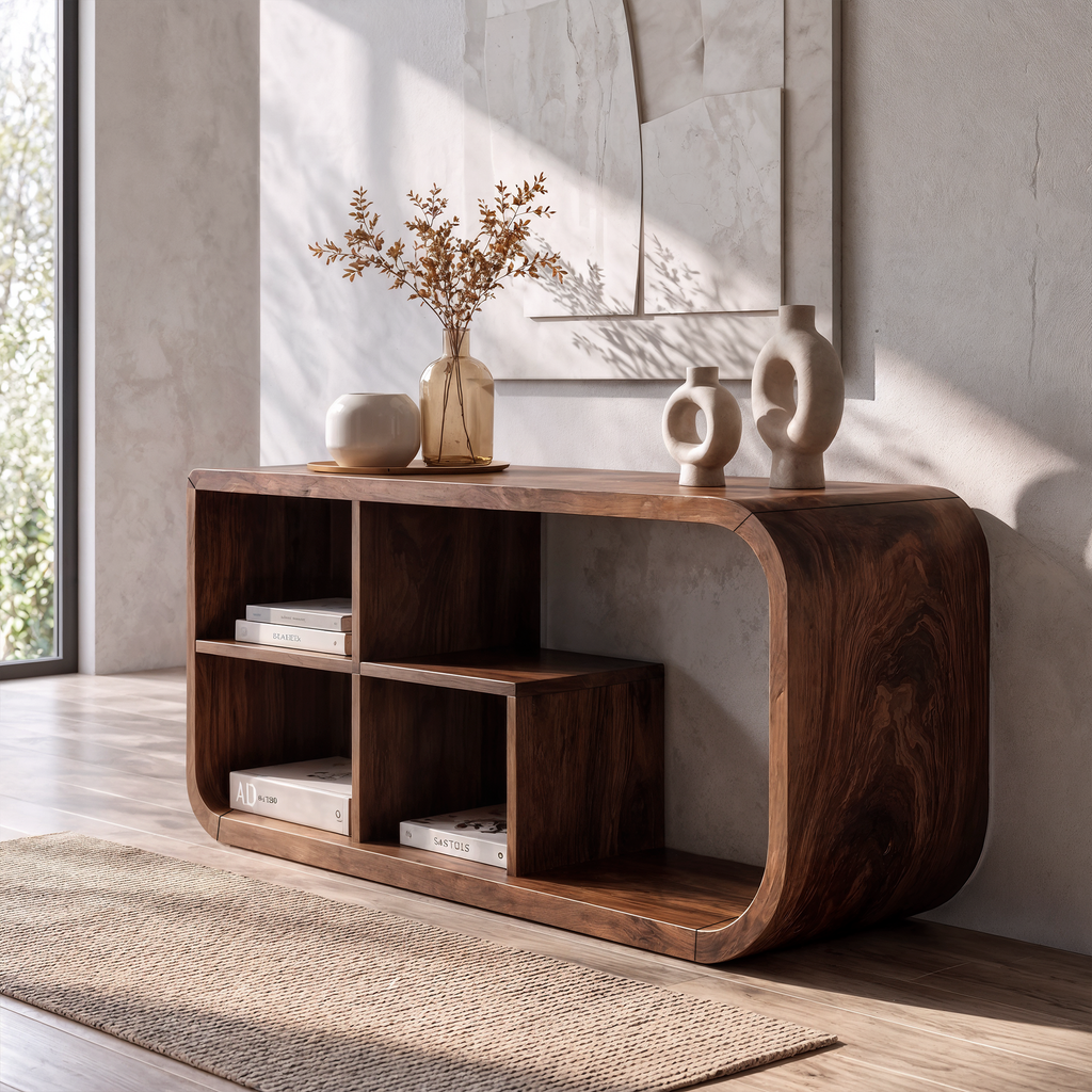 Modern Organic Console Table Sculptural Curved Design Open Storage For Entryway Living Room