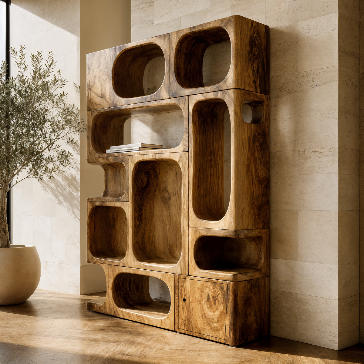 Sculptural Bookshelf Handcrafted Rounded Shelves For Living Room