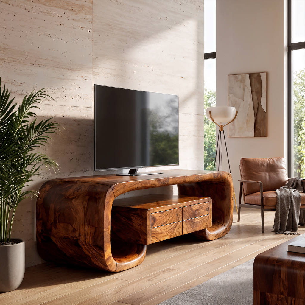 Organic TV Stand With Monolithic Wood Design For Living Room And Family Room
