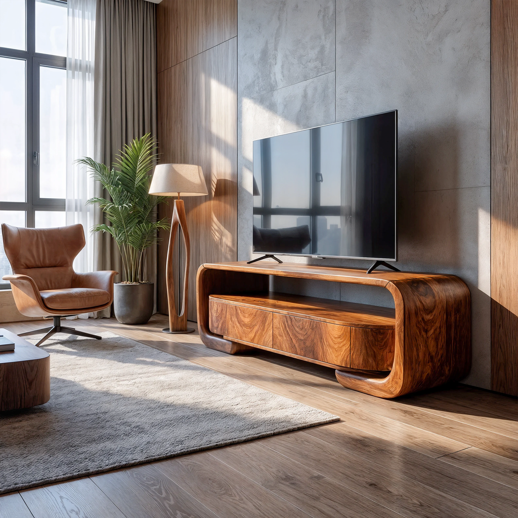 Organic Entertainment Center With Sculptural Live Edge Design For Living Room And Media Room