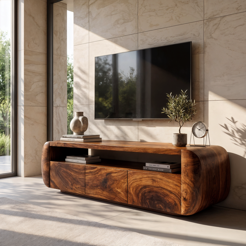 Contemporary TV Cabinet With Sculptural Wood Form For Living Room And Family Room