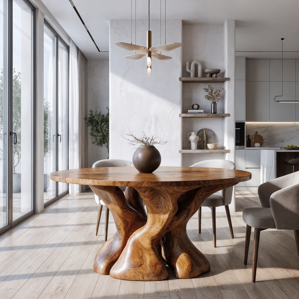 Natural Round Dining Table With Tree Root Inspired Form For Dining Room And Breakfast Nook