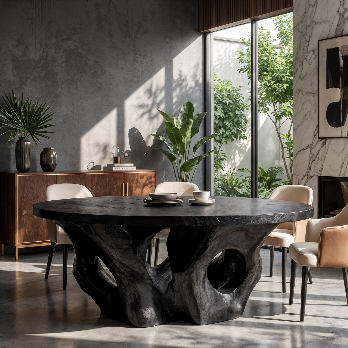 Modern Round Dining Table With Sculptural Open Form For Dining Room And Living Room
