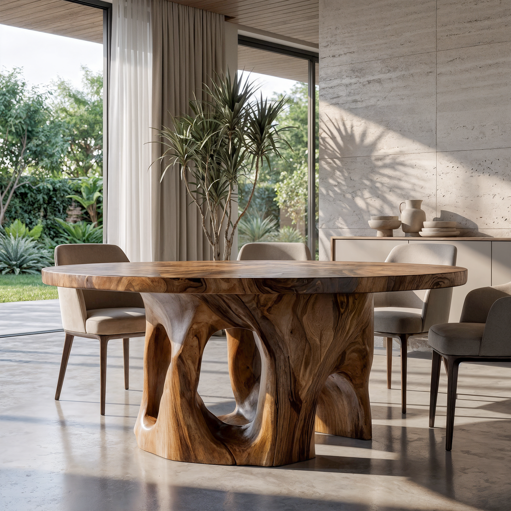 Natural Round Dining Table With Sculptural Tree Branch Form For Dining Room And Breakfast Nook