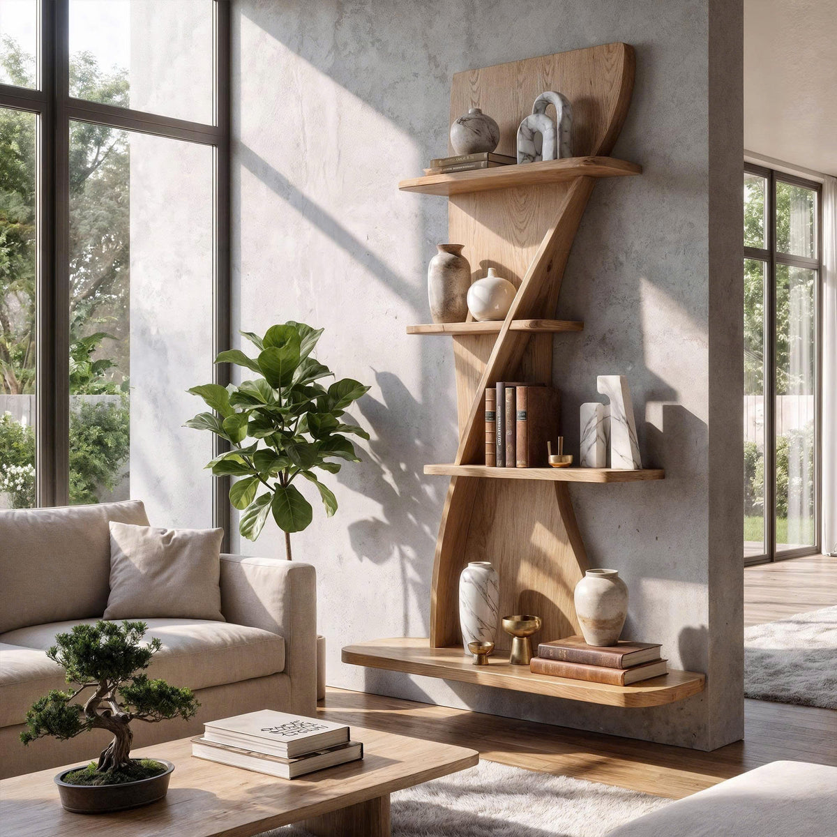 Sculptural Bookshelf Handcrafted Curved Wood Shelves For Home Office