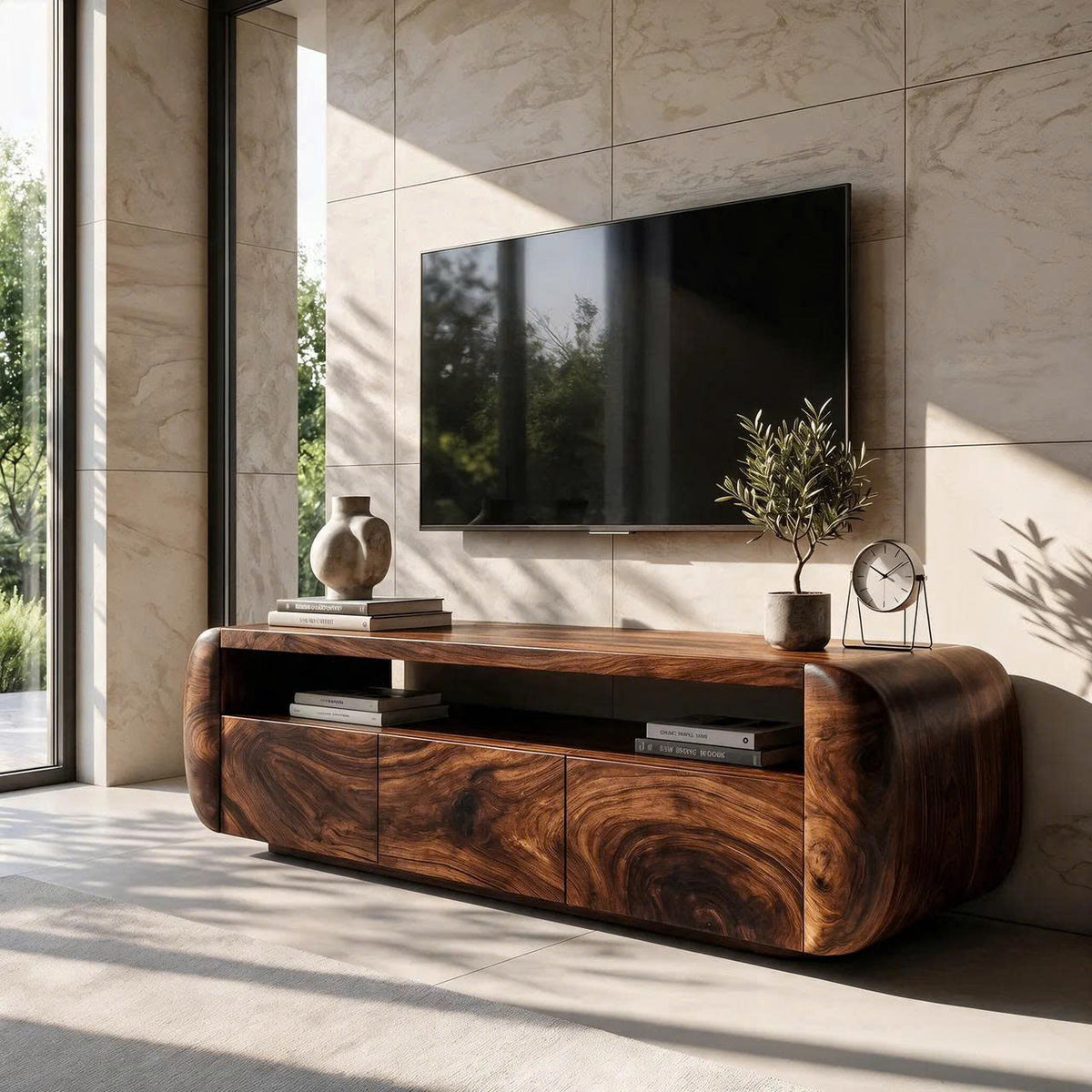 Contemporary TV Cabinet With Sculptural Wood Form For Living Room And Family Room