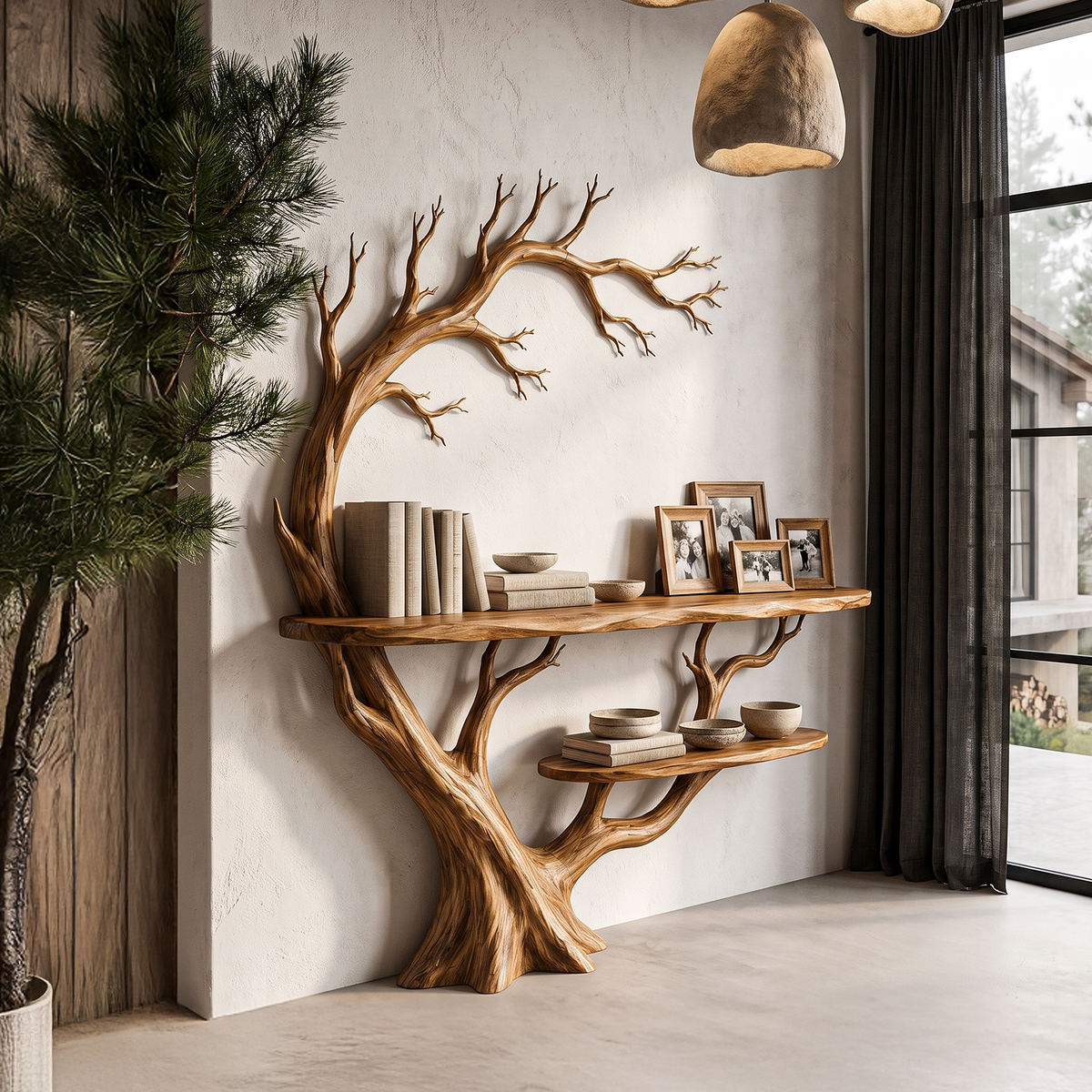 Organic Console Table With Tree Branch Shelf Design For Entryway And Living Room
