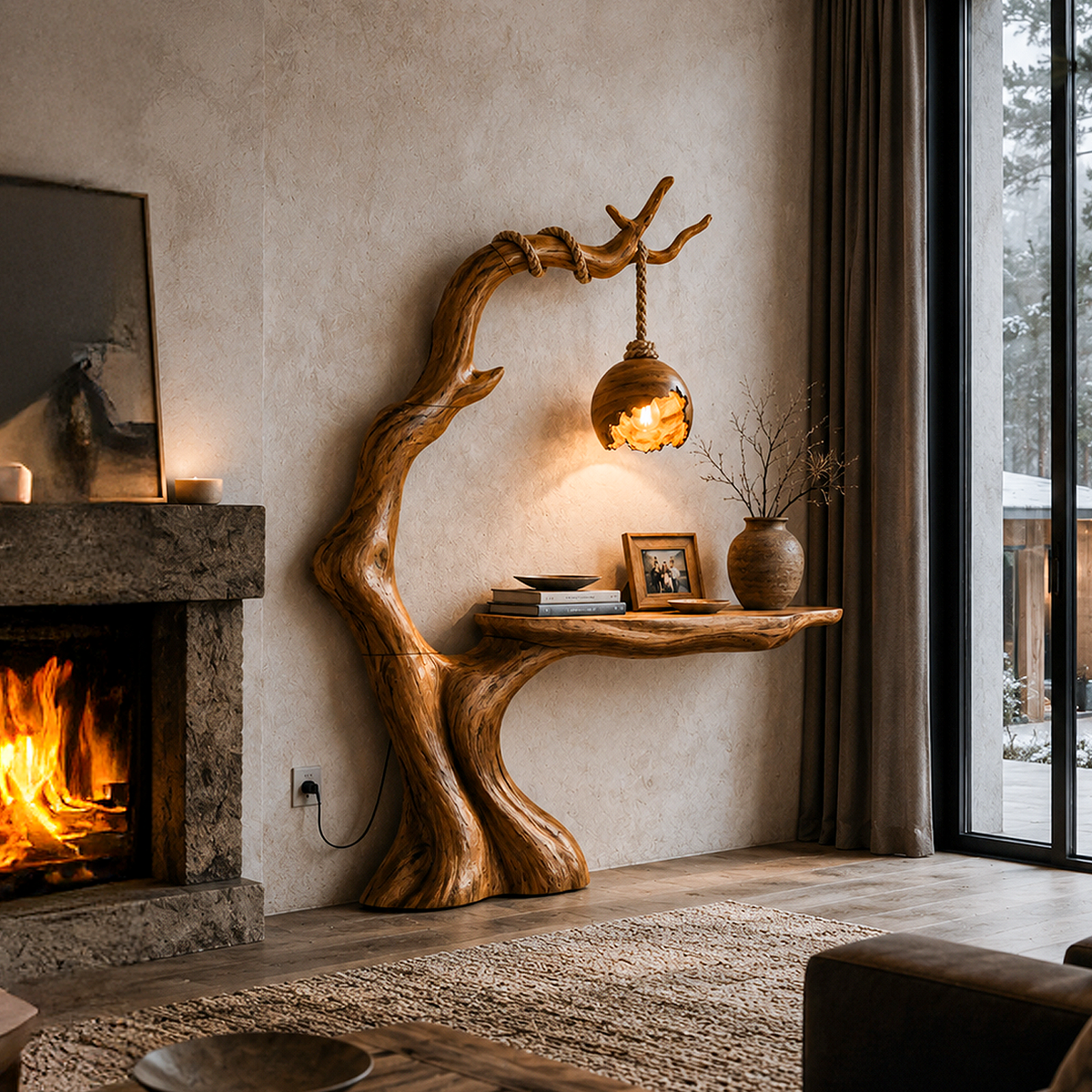 Organic Console Table With Tree Branch Floor Lamp Design For Entryway And Living Room
