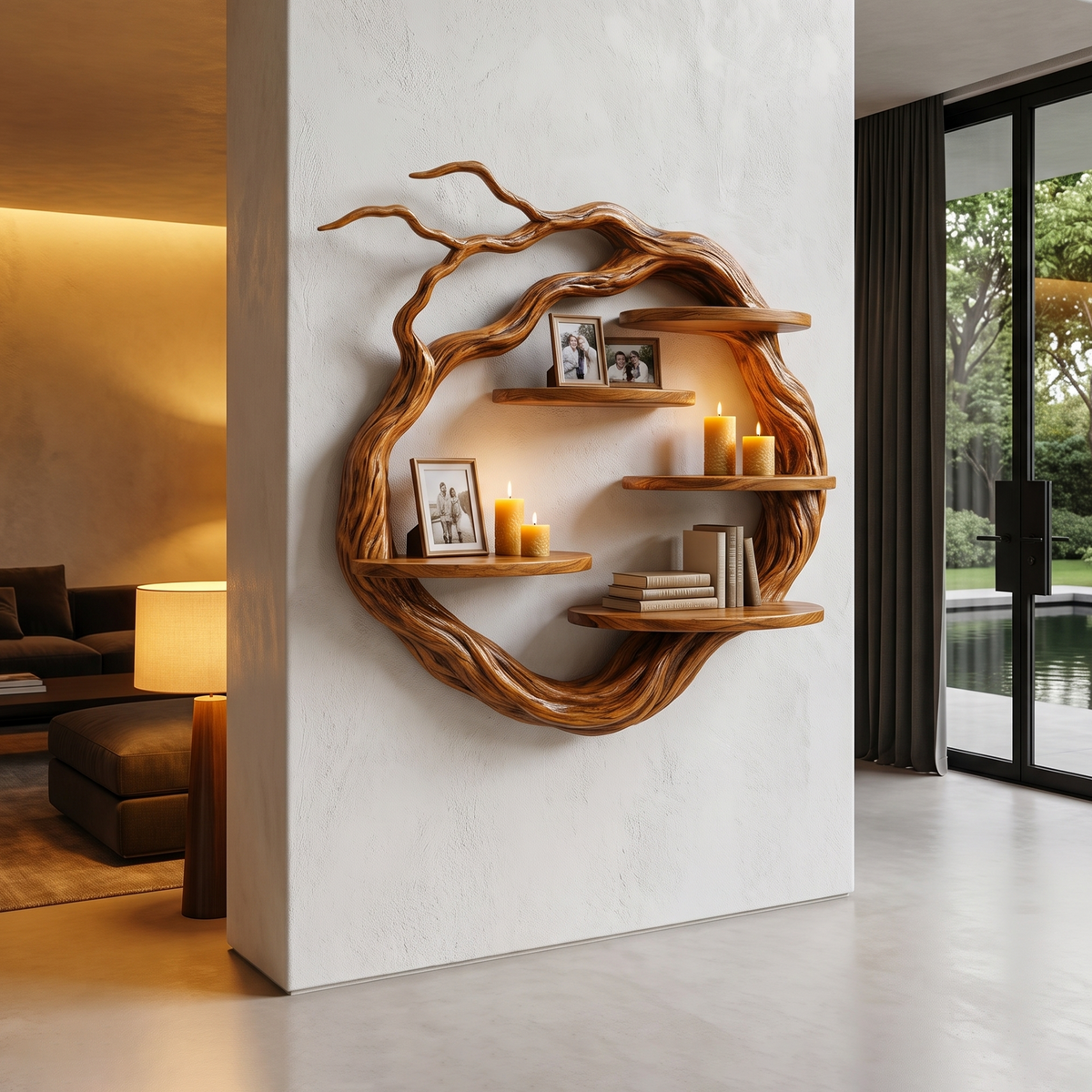 Natural Wall Mounted Shelf With Sculptural Tree Ring Design For Living Room And Reading NookSINLHAFL056