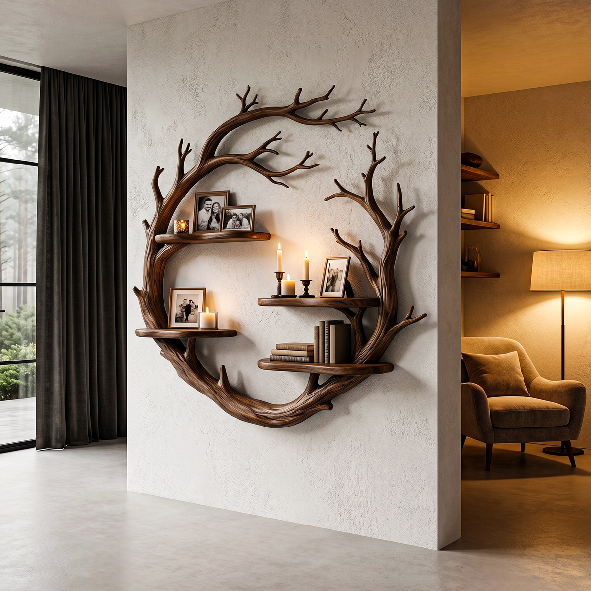 Contemporary Floating Shelf With Tree Branch Display Design For Living Room And Hallway