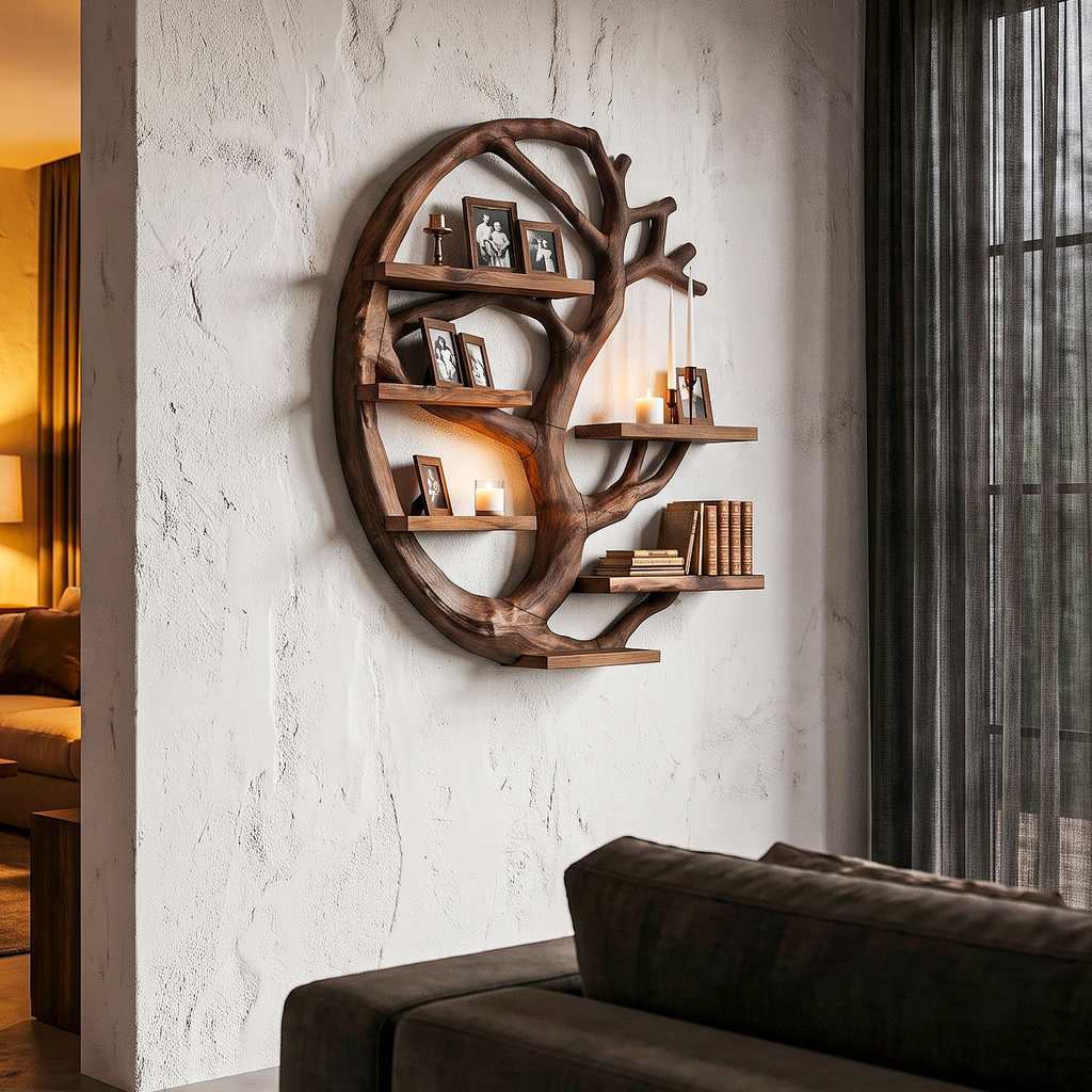 Modern Wall Mounted Shelf With Circular Tree Silhouette For Living Room And Bedroom