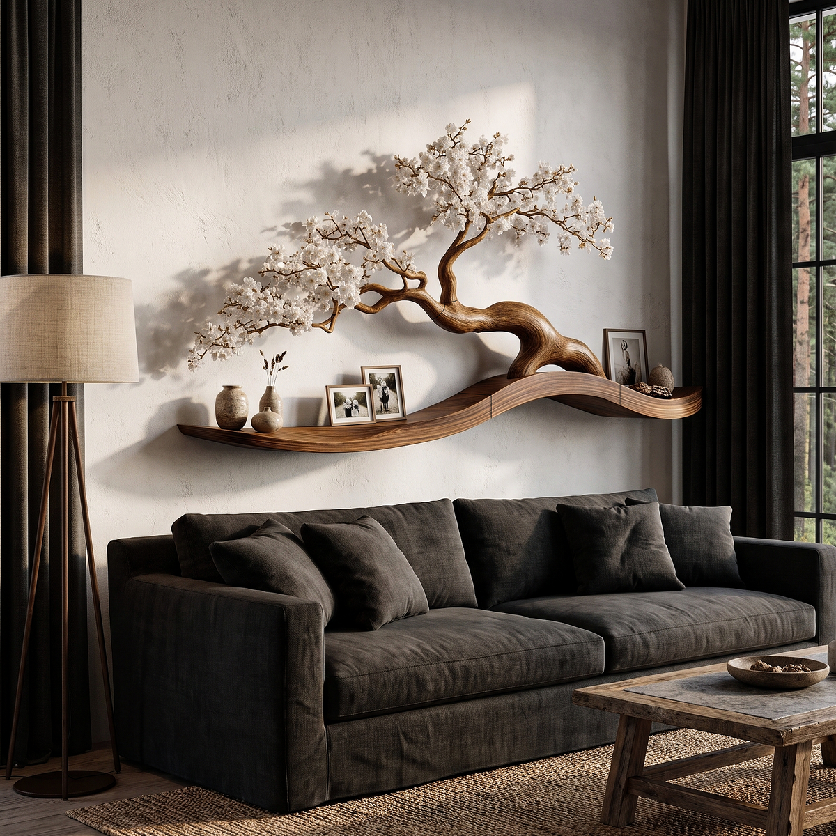 Organic Wall Mounted Shelf With Sculptural Tree Branch Design For Living Room And Bedroom