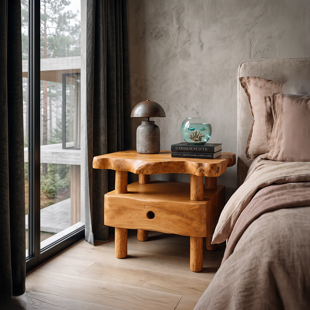 Organic Solid Wood Bedside Table With Open Shelf And Drawer