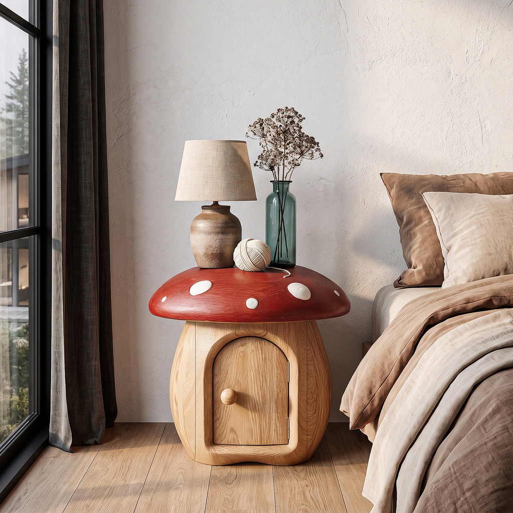 Whimsical Mushroom Bedside Table With Solid Wood Storage For Bedroom