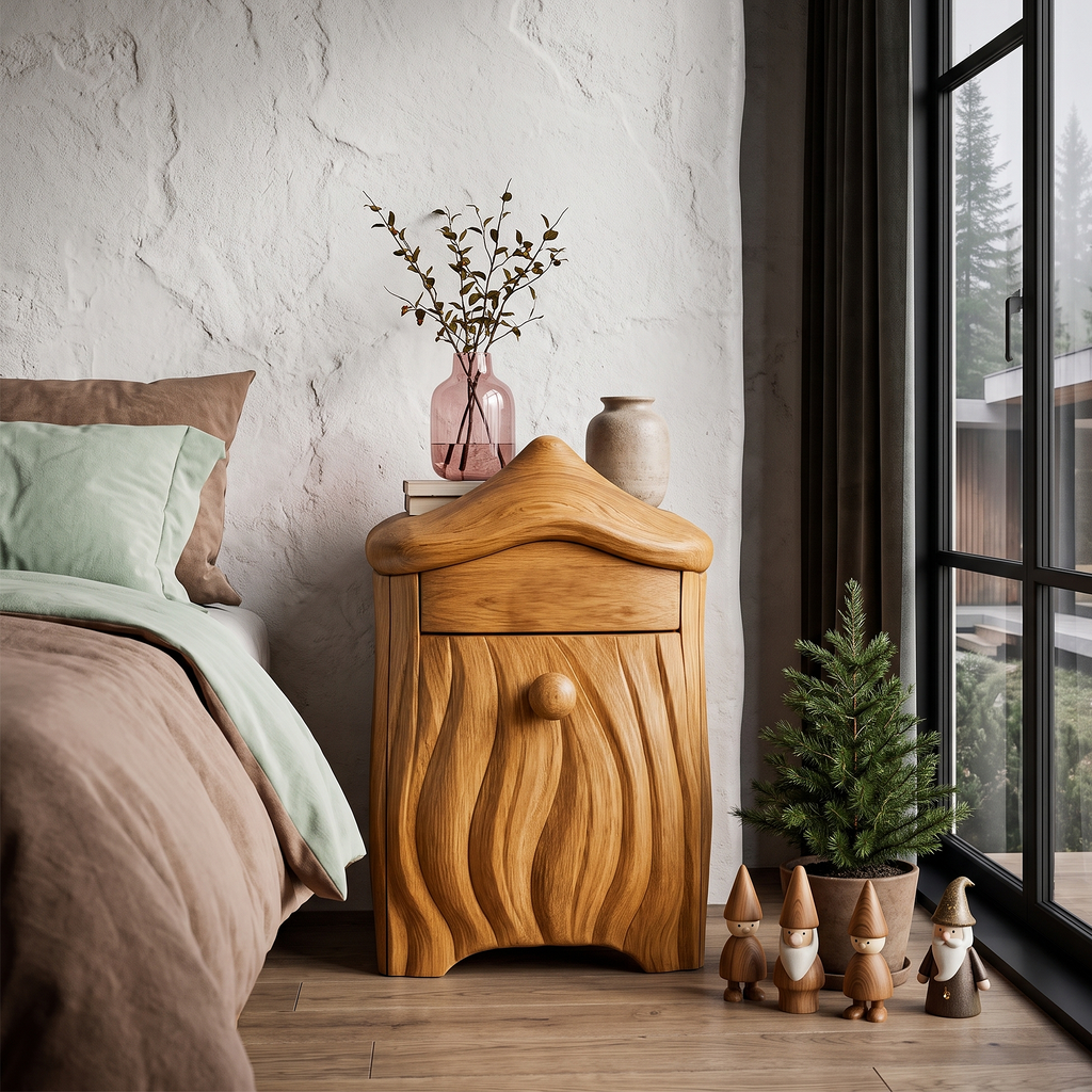 Minimalist Solid Wood Bedside Table With Artistic Door Design