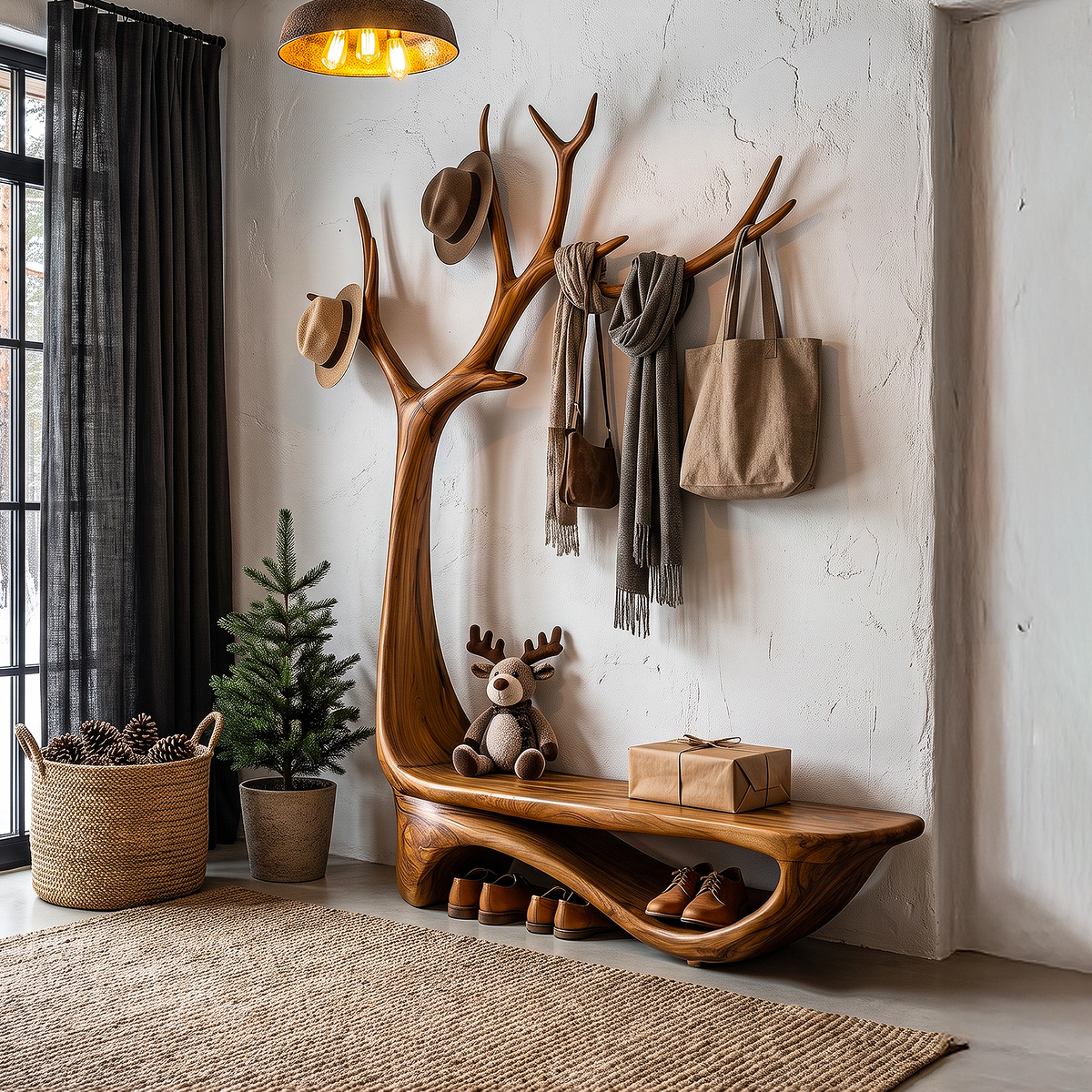 Organic Tree Shoe Bench Wall Mounted Coat Rack Storage For Entryway Hallway