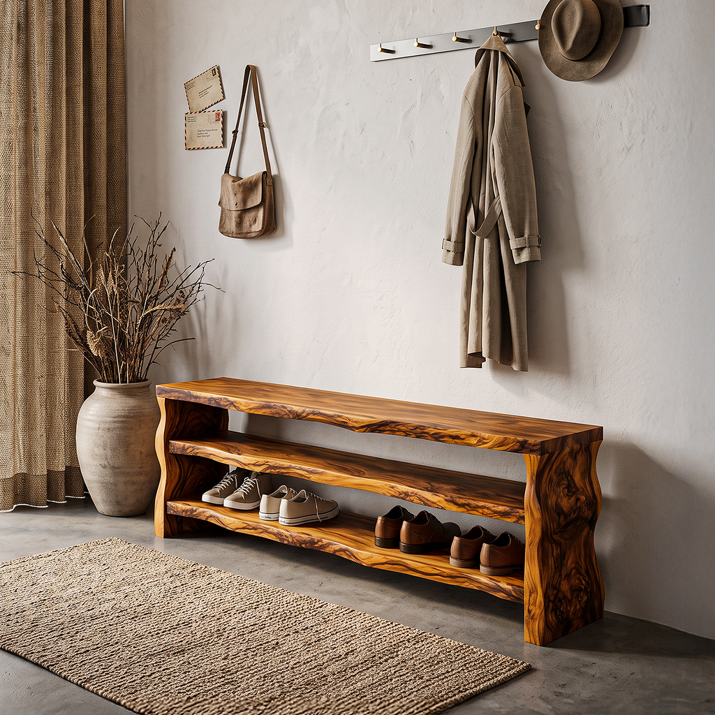 Live Edge Shoe Bench Open Storage Organizer For Entryway Hallway