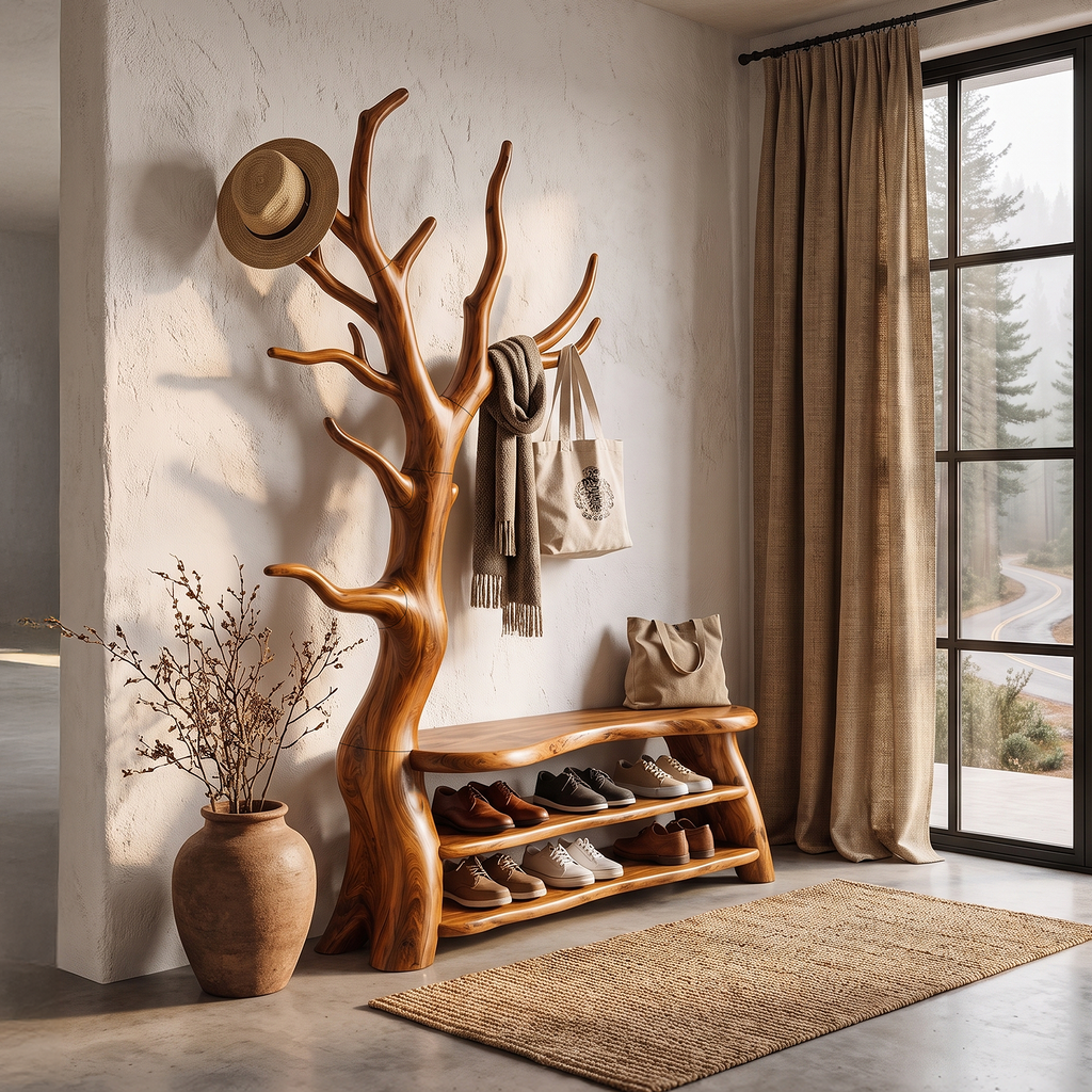 Sculptural Tree Shoe Bench Coat Rack Storage For Entryway Hallway