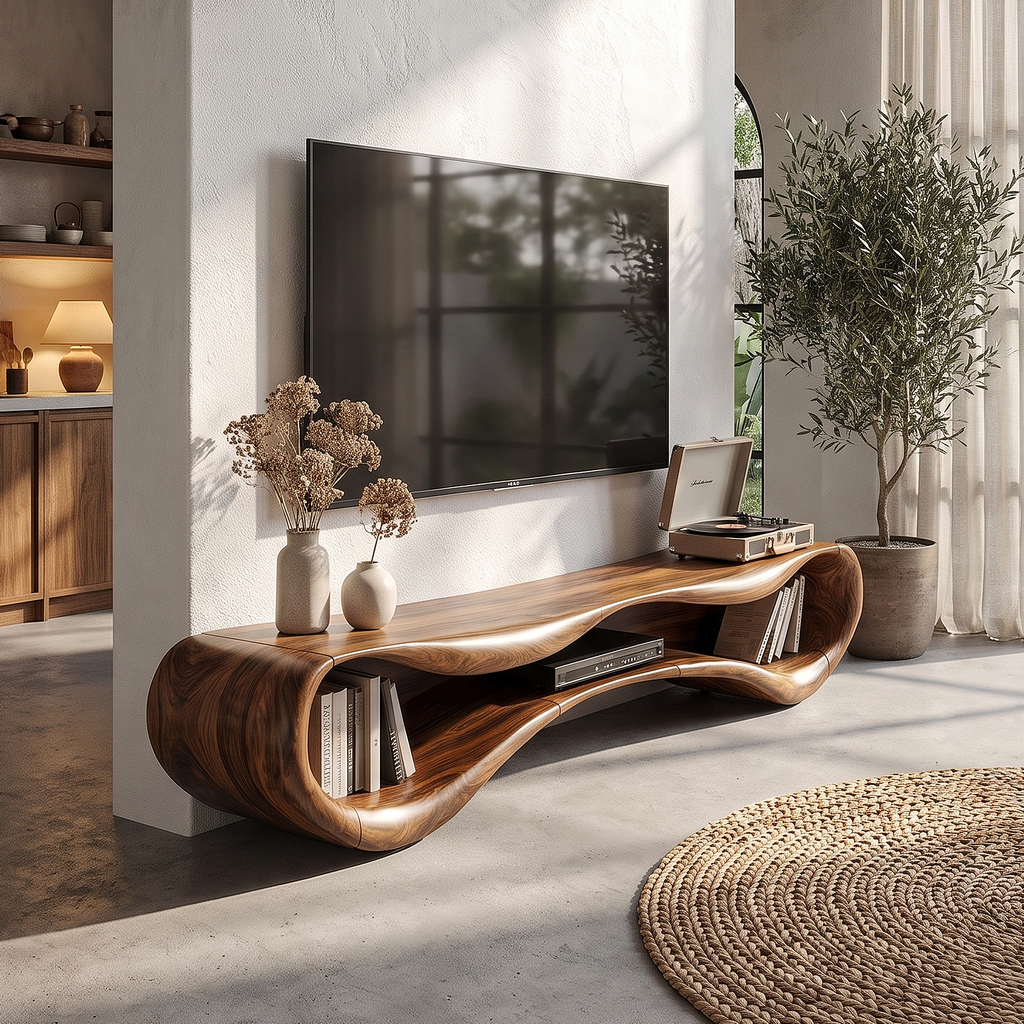 Modern Flowing Base TV Cabinet Wooden Media Unit For Living Room
