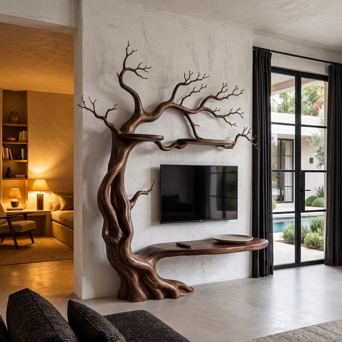 Organic Wall Mounted TV Stand With Sculptural Tree Branch Design For Living Room