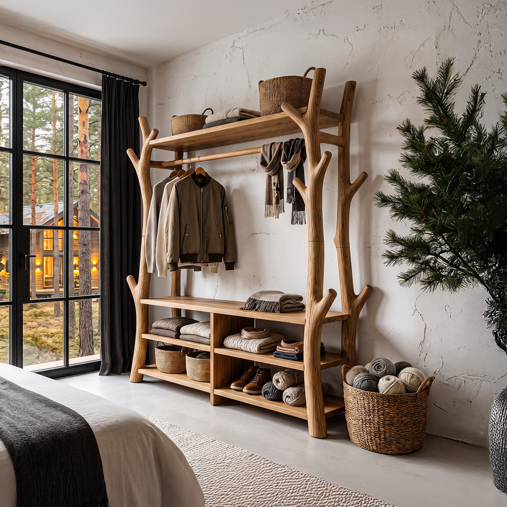 Rustic Tree Coat Rack Shoe Bench Open Storage For Entryway Hallway