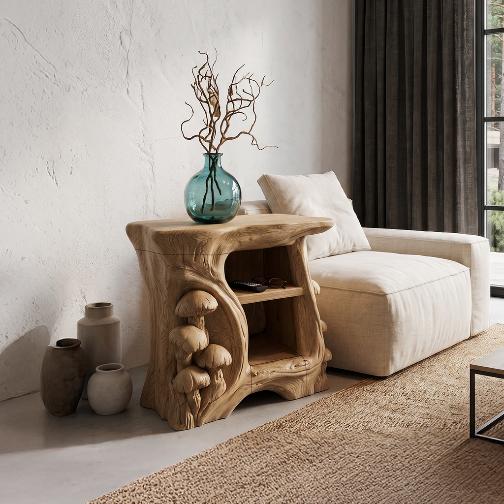 Organic Solid Wood Bedside Table With Sculptural Tree Branch Base