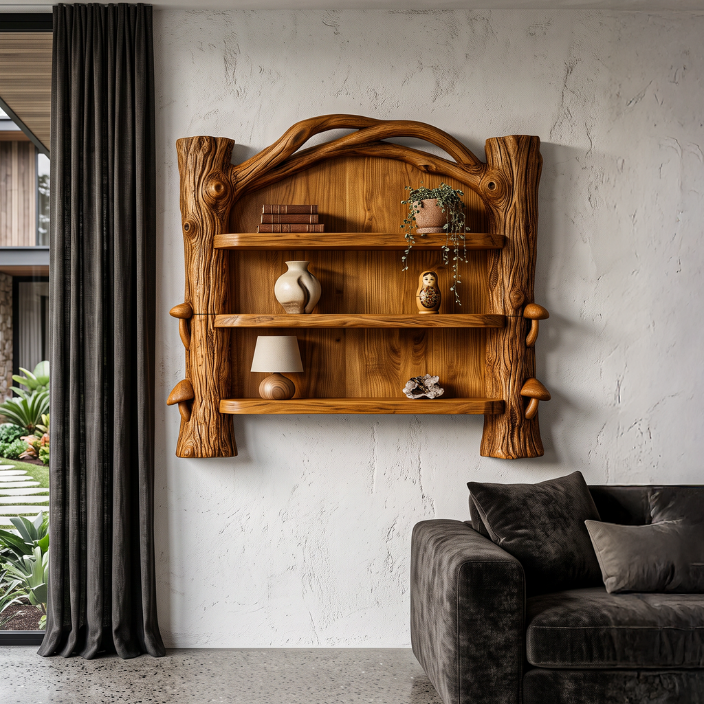 Sculptural Wall Bookshelf Handcrafted Organic Wood Shelves For Living Room