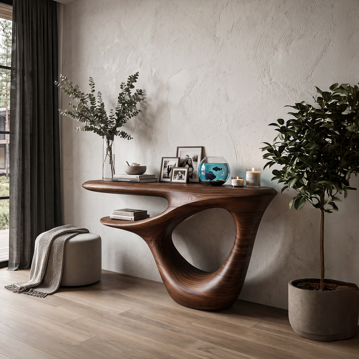 Contemporary Console Table With Artistic Open Frame Base For Foyer And Hallway