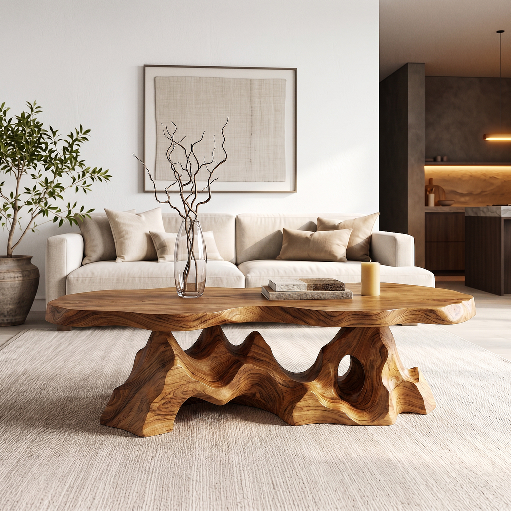Organic Coffee Table With Sculptural Tree Root Base For Living Room