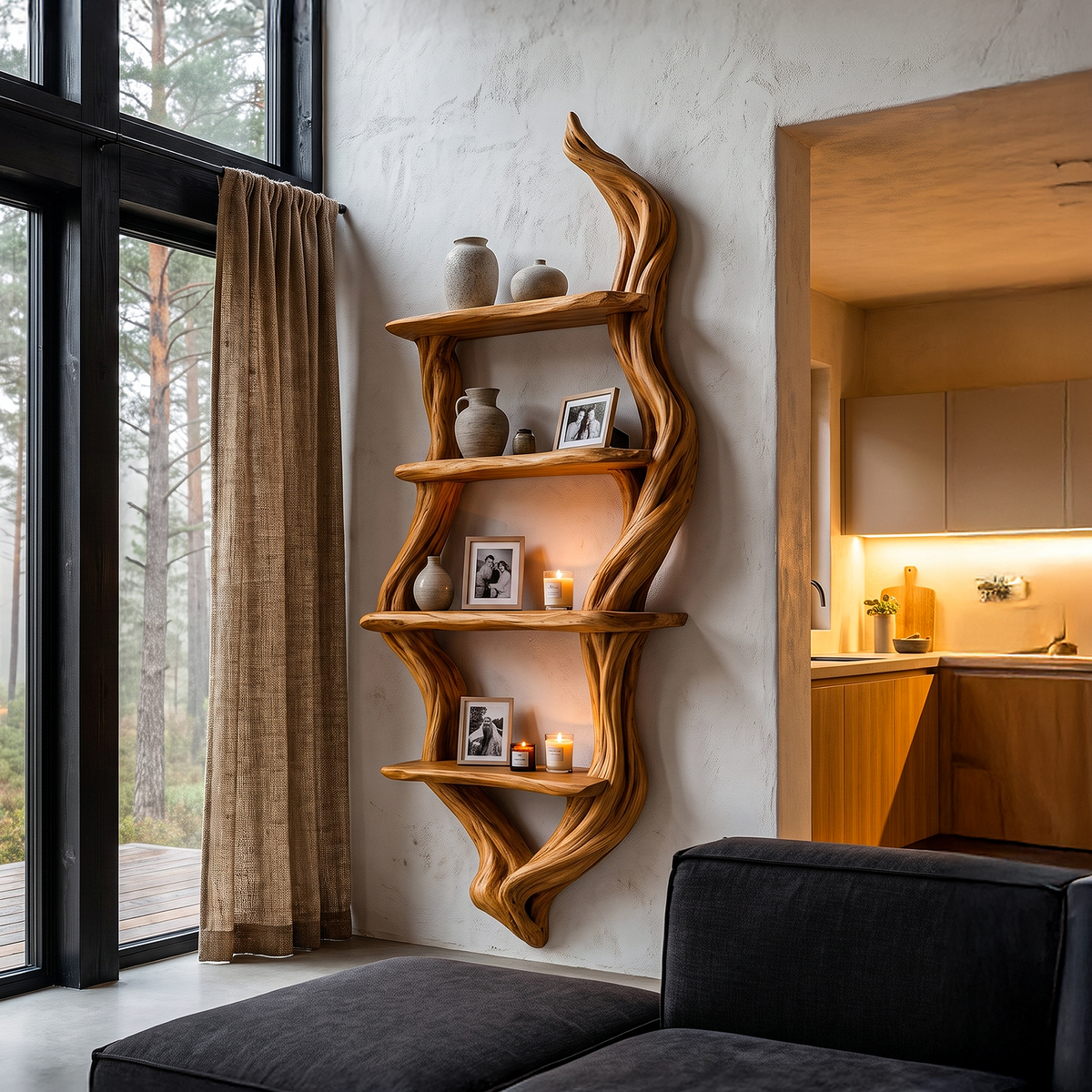 Rustic Wall Bookshelf Handcrafted Tree Branch Design For Living Room