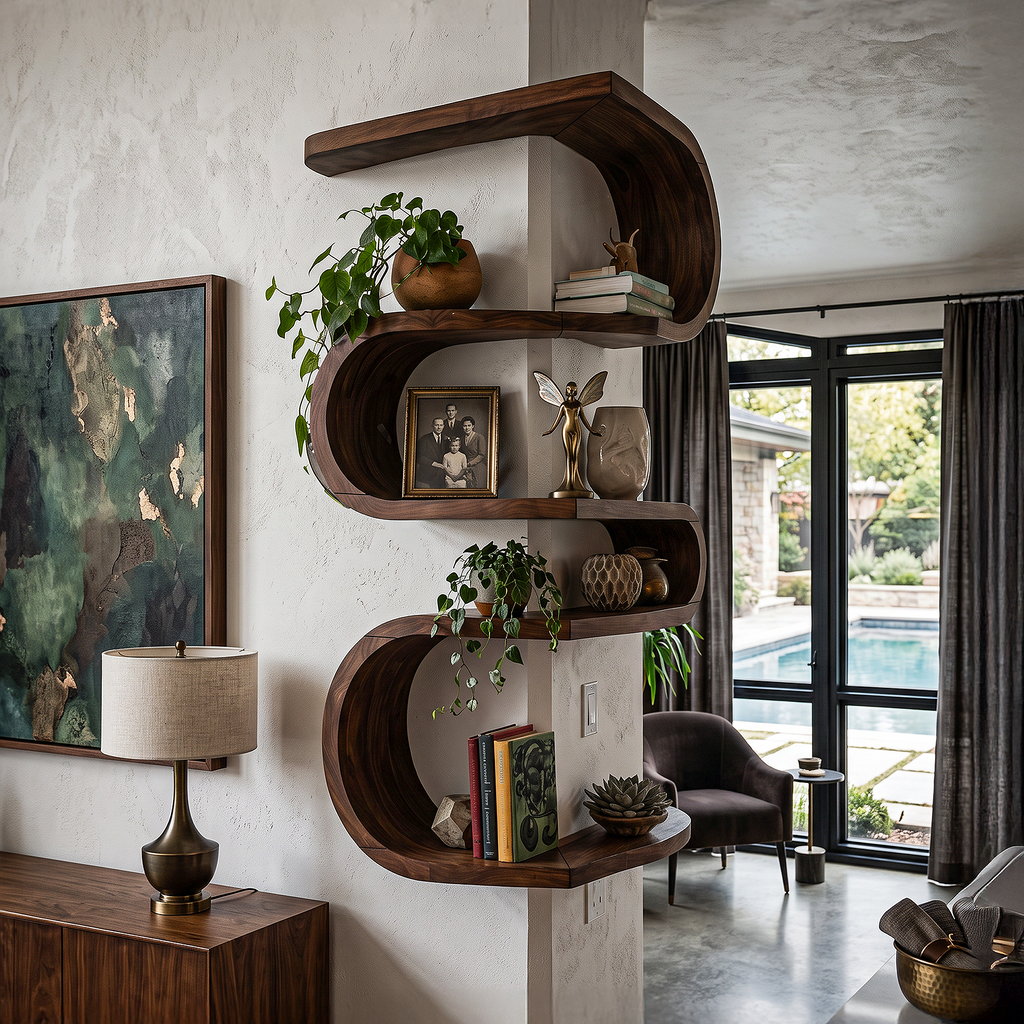 Sculptural Corner Wall Bookshelf Handcrafted Curved Design For Living Room