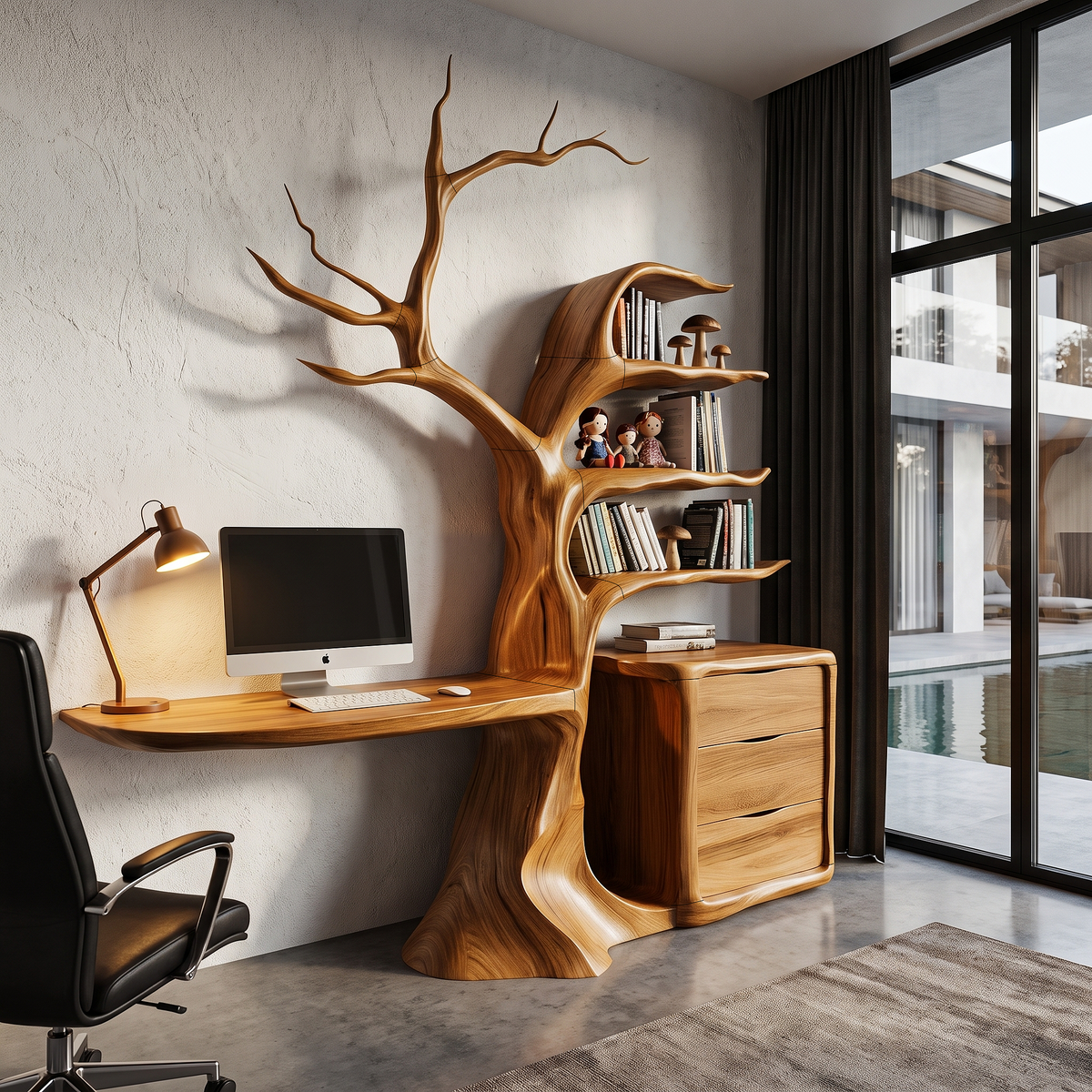 Natural Floating Desk With Sculptural Tree Bookshelf For Home Office