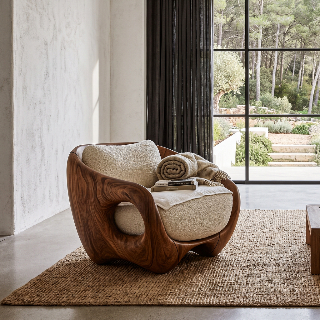 Rustic Wood Lounge Chair With Wraparound Backrest For Reading Nook