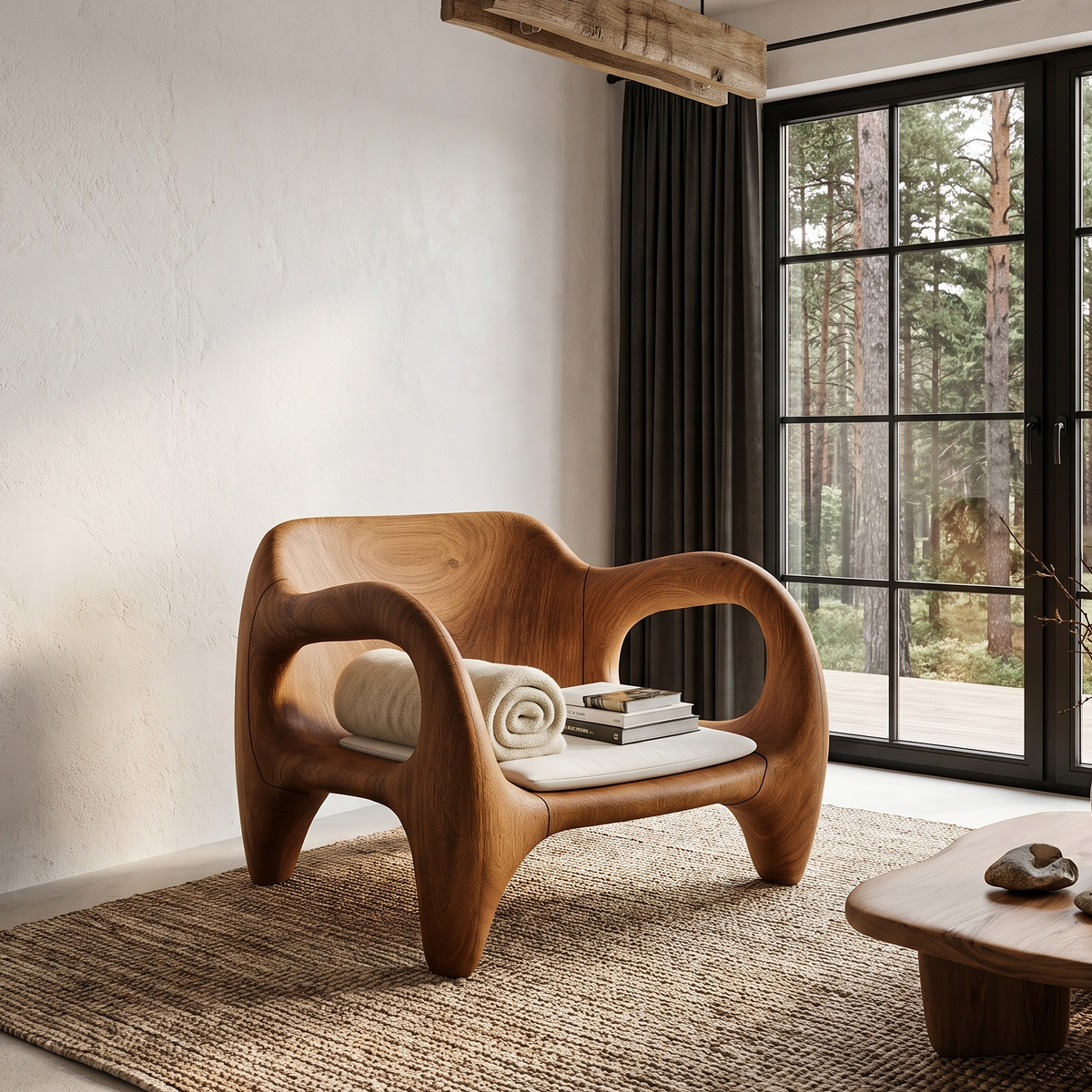 Mid Century Accent Chair With Wide Curved Back For Living Room