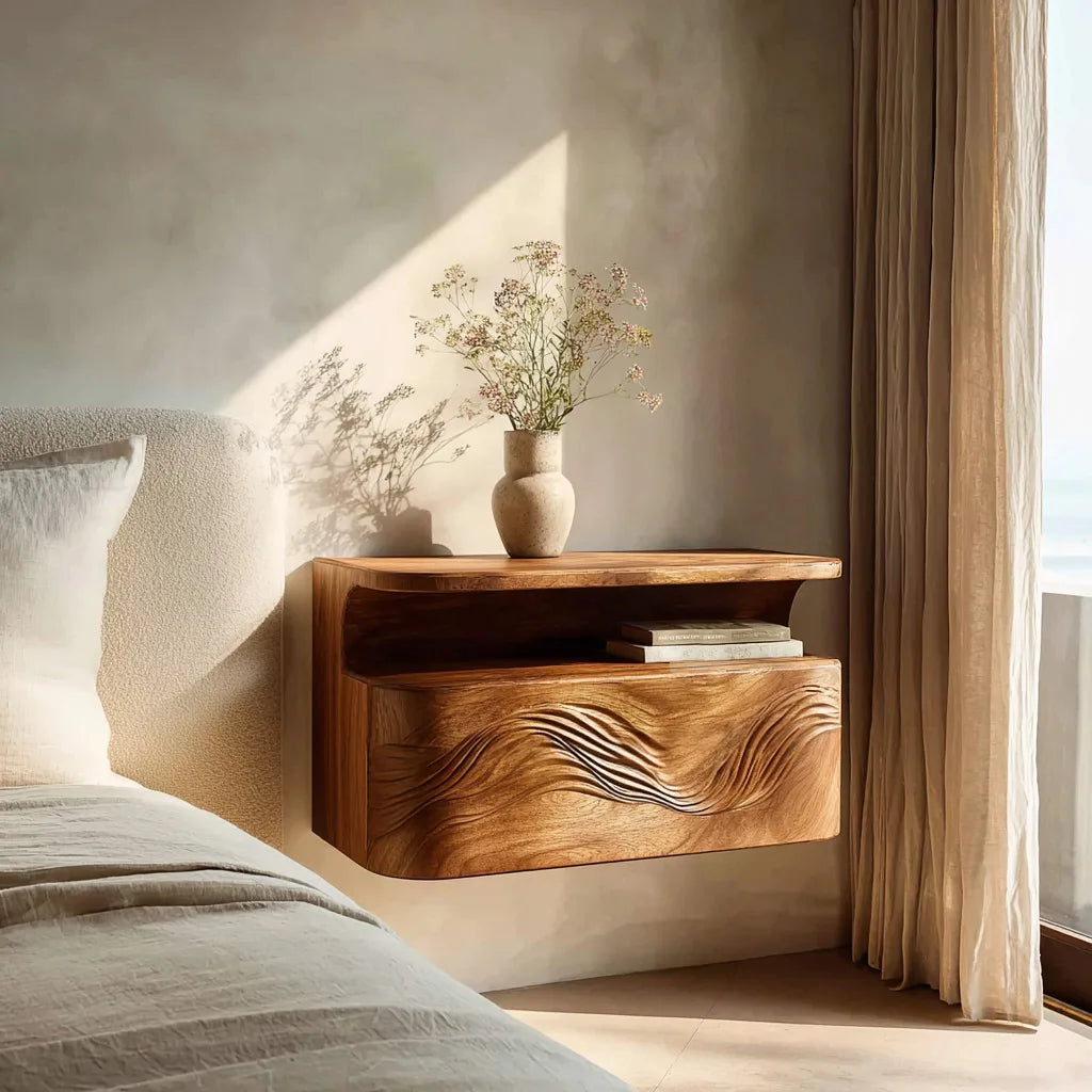 Organic Wave Carved Floating Nightstand For Bedroom