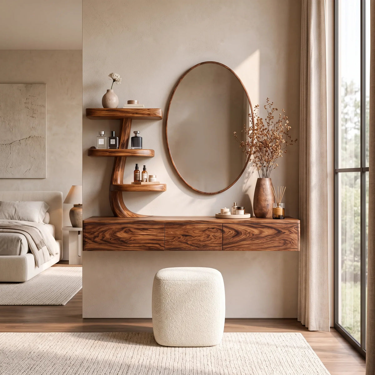 Modern Wall Mounted Makeup Vanity Sculptural Curved Shelving For Bedroom