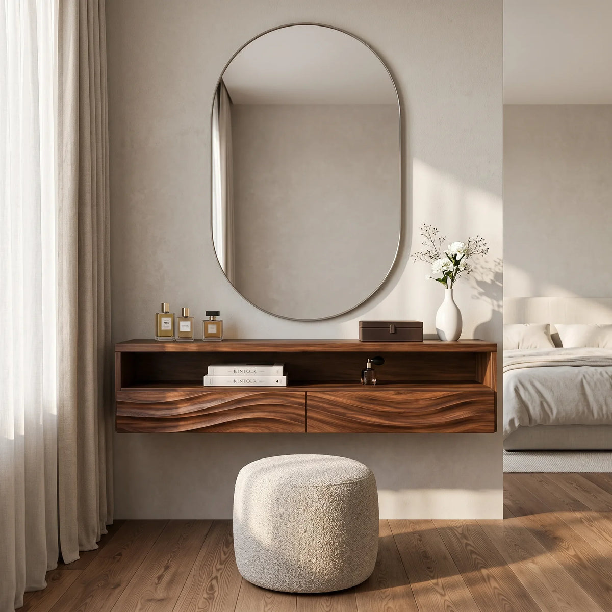 Contemporary Wall Mounted Dressing Table Flowing Relief Carved For Bedroom