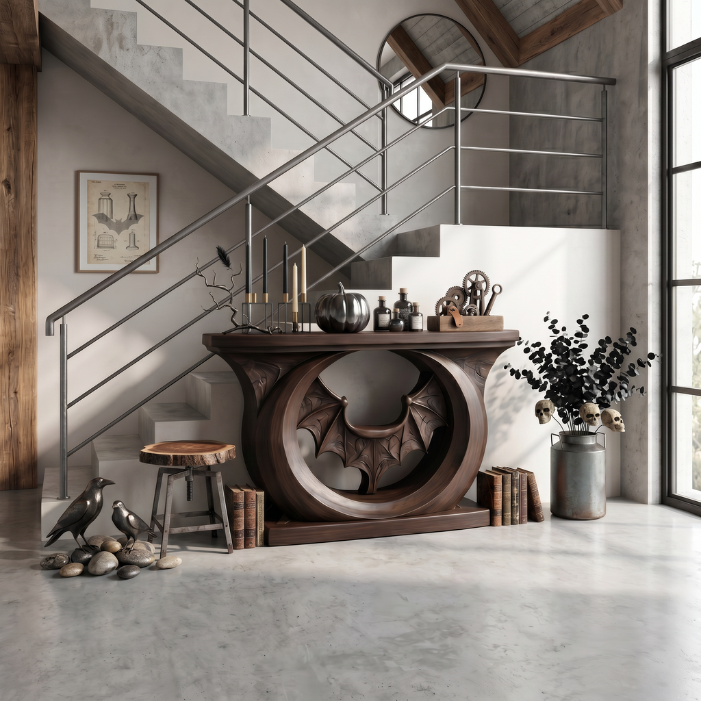Contemporary Halloween Console Table With Sculptural Bat Design For Entryway And Living Room