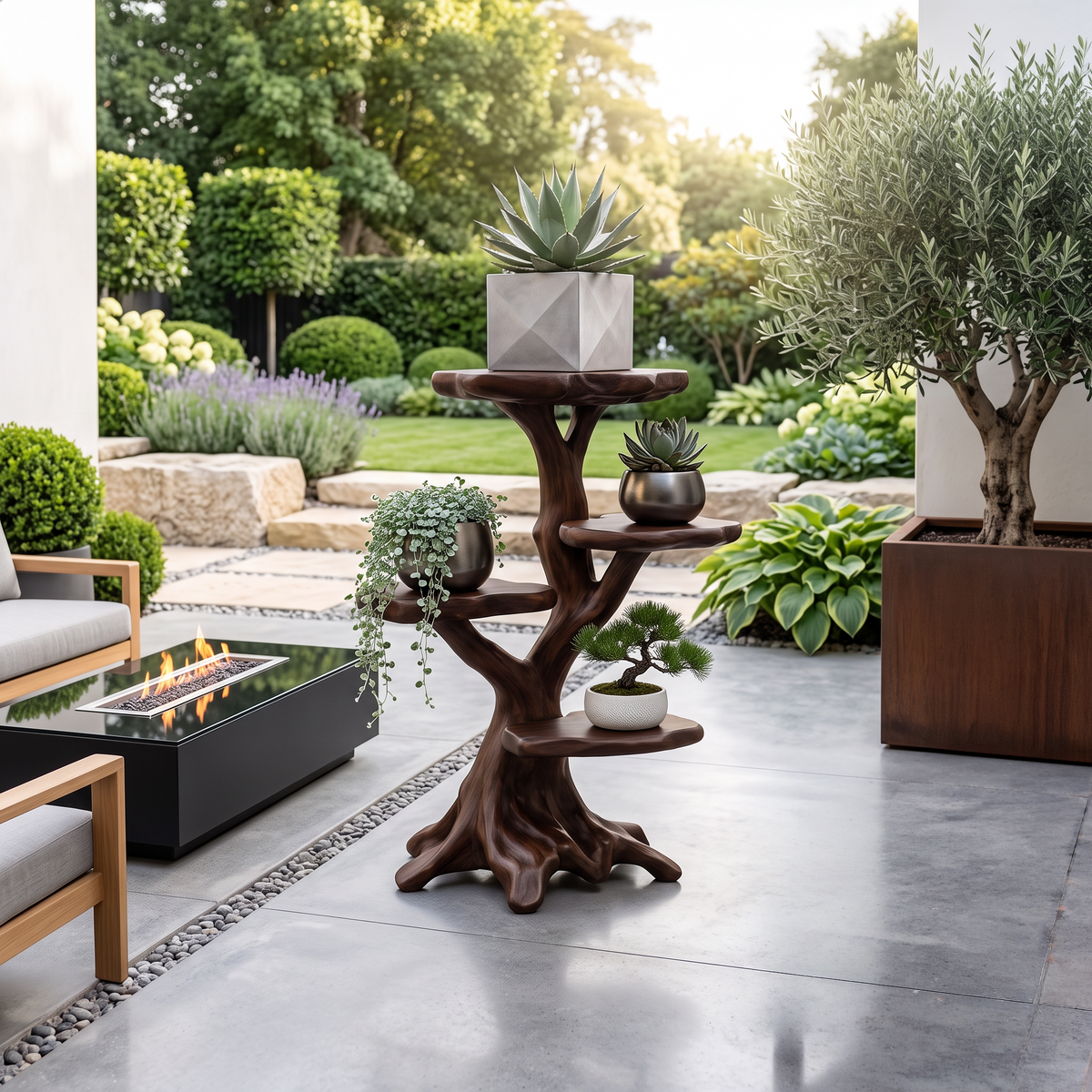 Organic Multi Tier Plant Stand With Sculptural Tree Design For Living Room And Sunroom