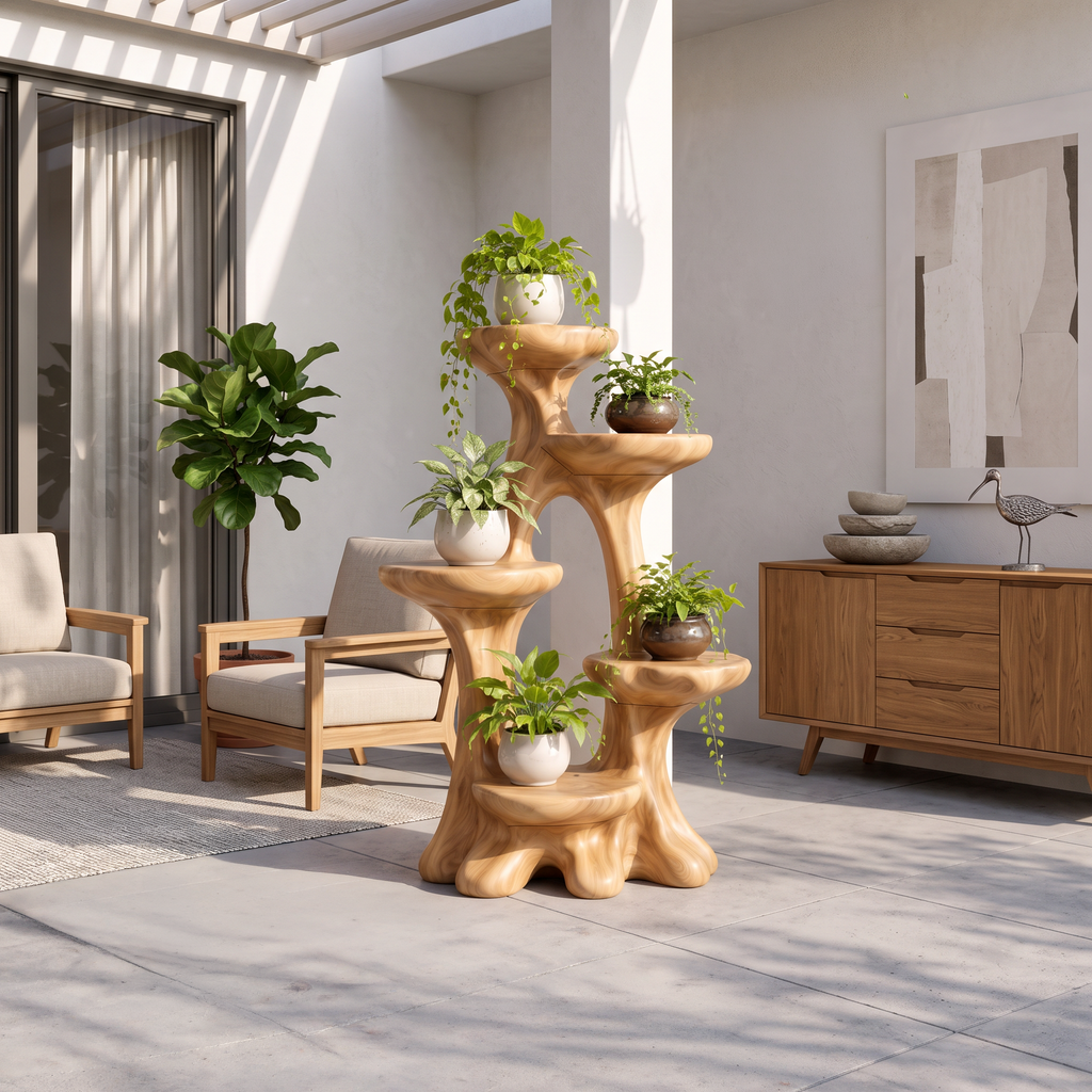 Organic Tree Plant Stand With Sculptural Tiered Design For Living Room And Sunroom