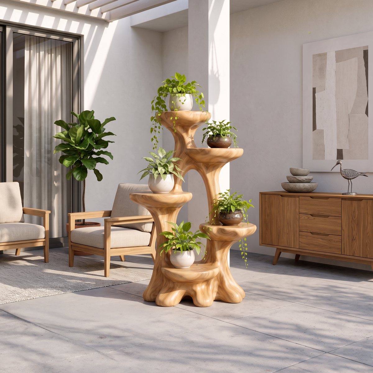 Organic Tree Plant Stand With Sculptural Tiered Design For Living Room And Sunroom