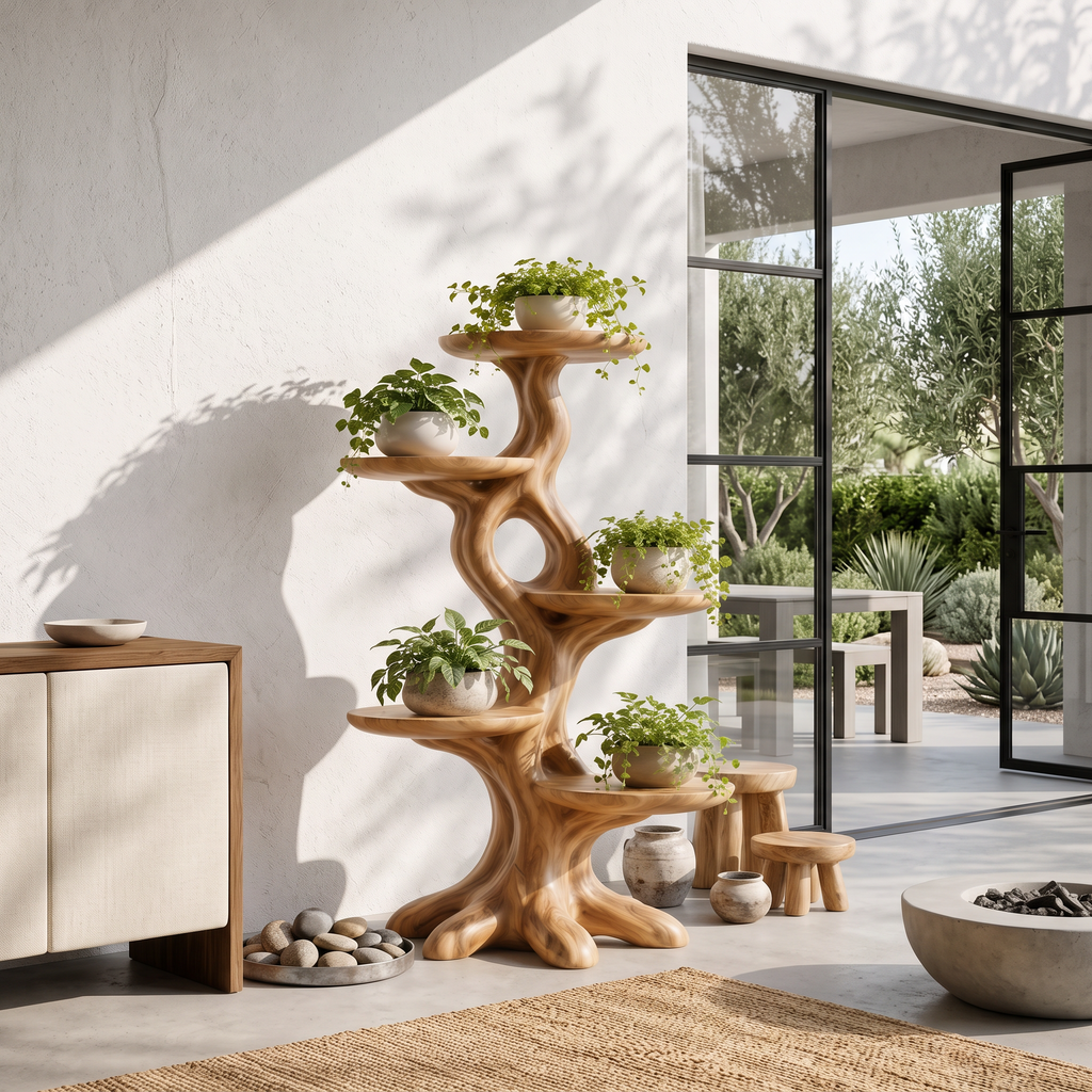 Natural Indoor Plant Stand With Flowing Tree Form For Living Room And Balcony