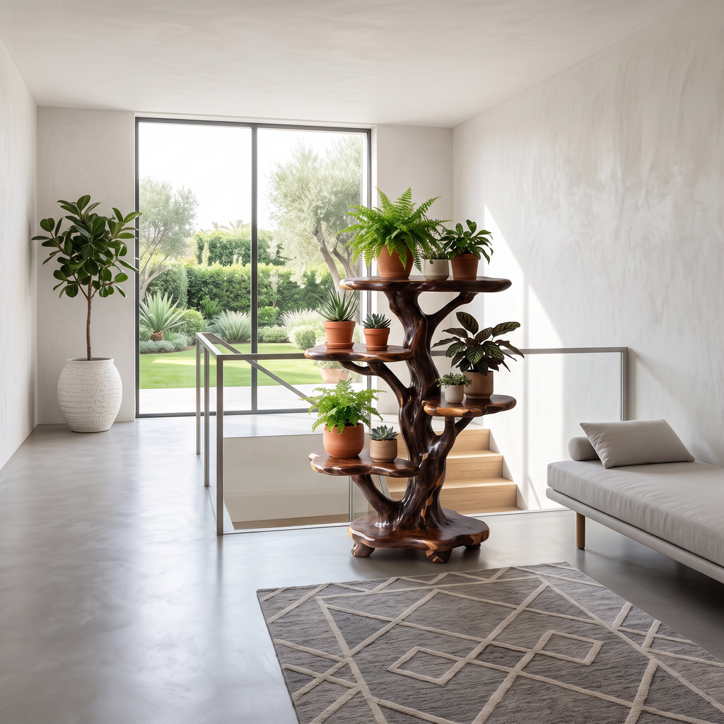 Natural Tree Plant Stand With Tiered Branch Shelves For Living Room And Entryway