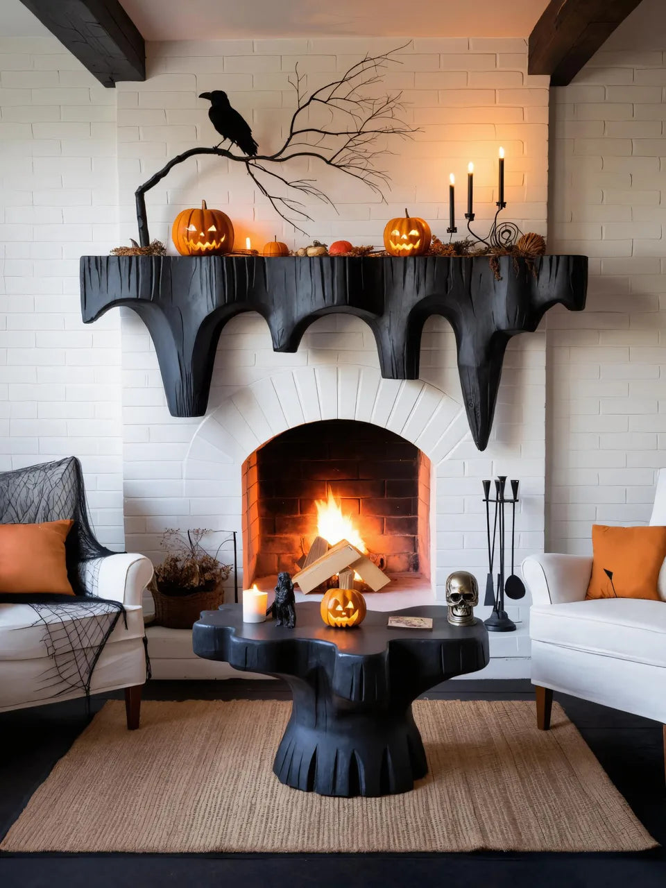 Rustic Black Wooden Halloween Fireplace Mantel With Dripping Edge For Home Decor