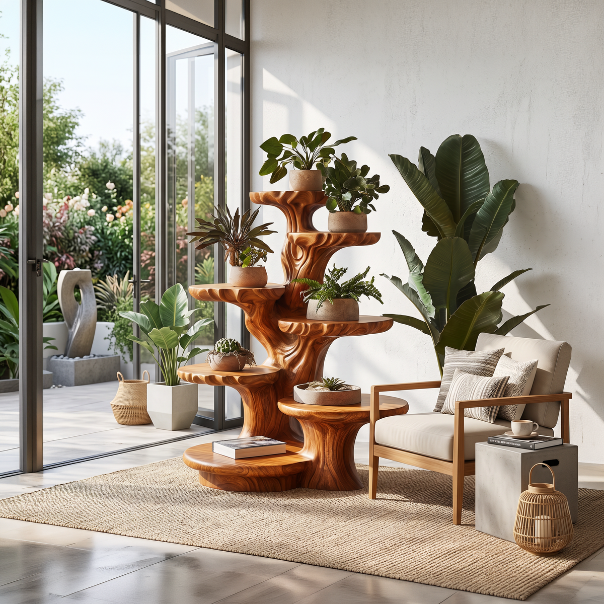 Organic Multi Tier Tree Plant Stand Solid Wood For Living Room